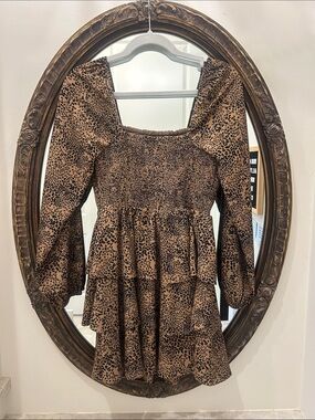 Smocked Square-Neck Leopard Print Dess